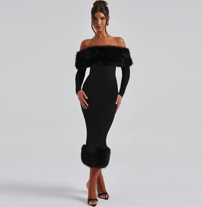 Virales Abendkleid mit Kunst-Pelz